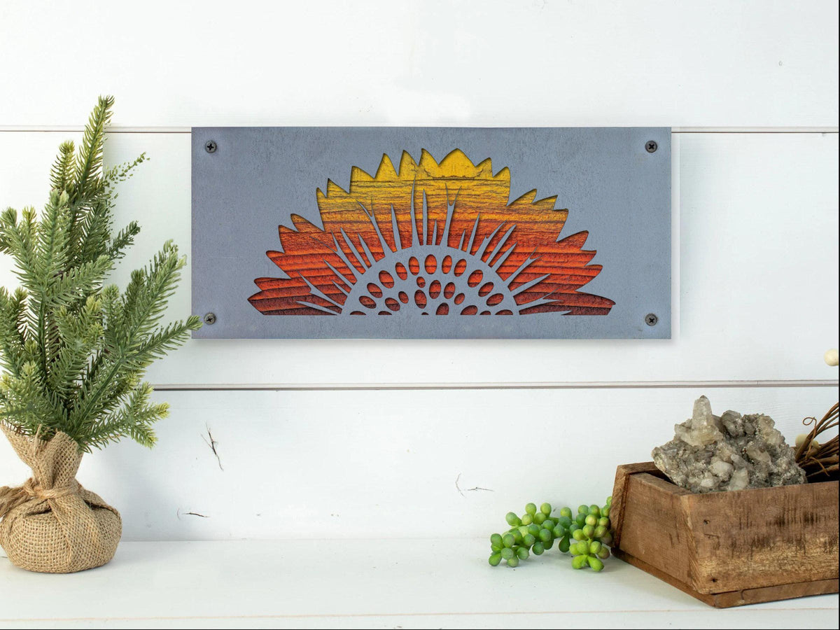 Sunflower Metal Wall Art on Reclaimed Wood, 12.5 Inch Farmhouse Kitchen Decor