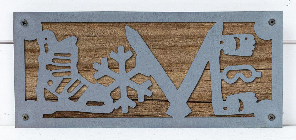 Ski LOVE Metal Sign on Reclaimed Wood, 12.5 Inch Ski Cabin Decor, Skier Gift