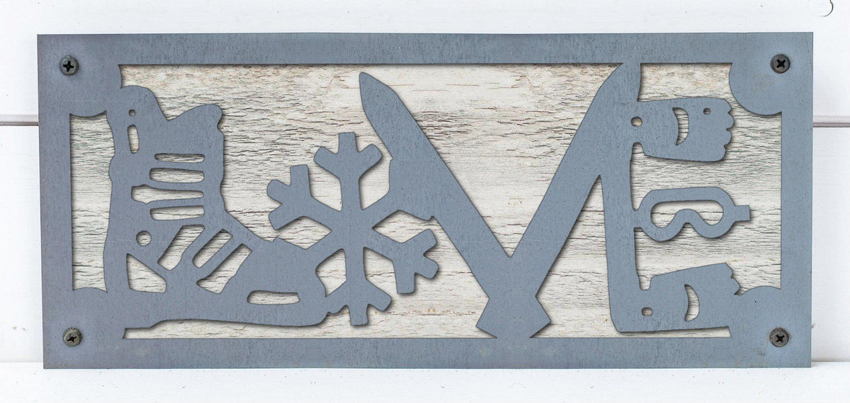 Ski LOVE Metal Sign on Reclaimed Wood, 12.5 Inch Ski Cabin Decor, Skier Gift