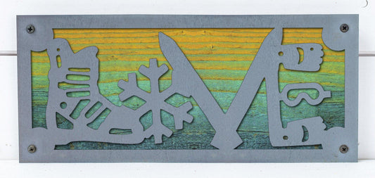 Ski LOVE Metal Sign on Reclaimed Wood, 12.5 Inch Ski Cabin Decor, Skier Gift