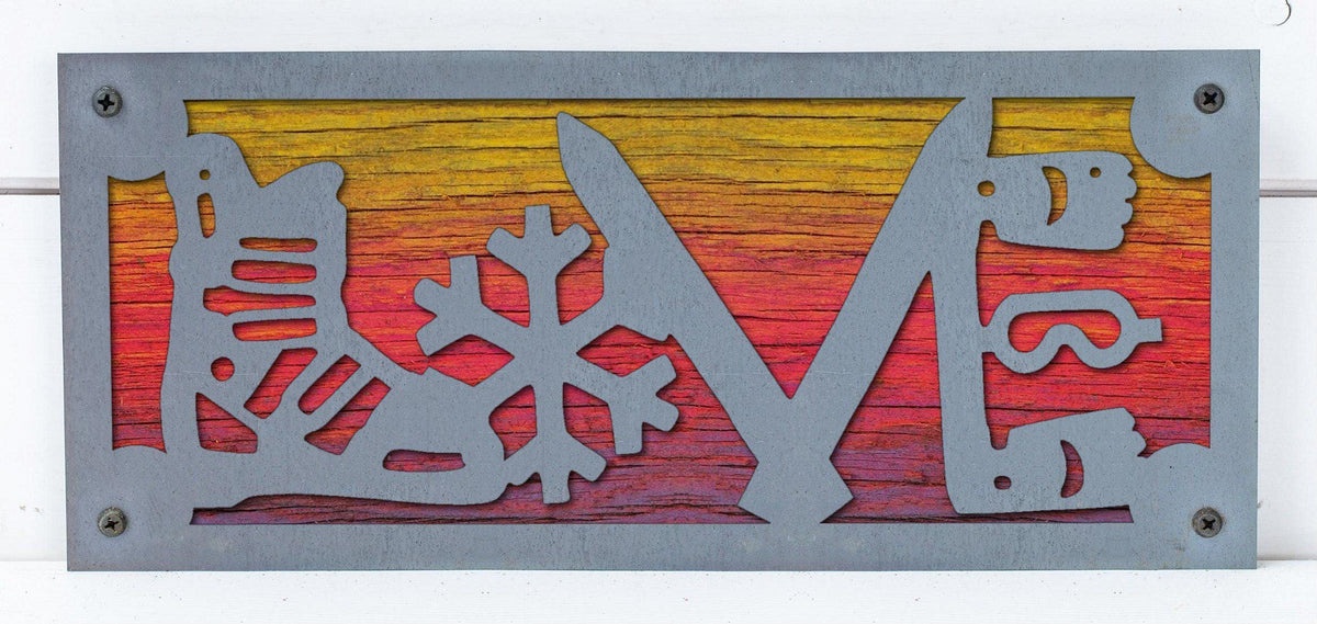 Ski LOVE Metal Sign on Reclaimed Wood, 12.5 Inch Ski Cabin Decor, Skier Gift