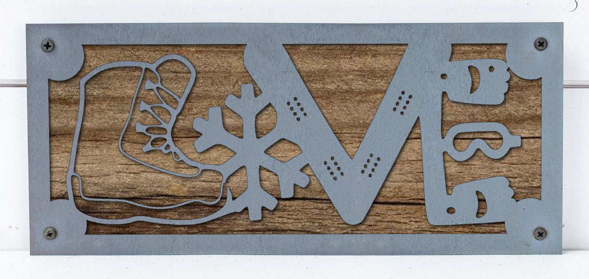 Snowboard LOVE Metal Sign on Reclaimed Wood, 12.5 Inch Snowboarder Gift, Ski Cabin Decor