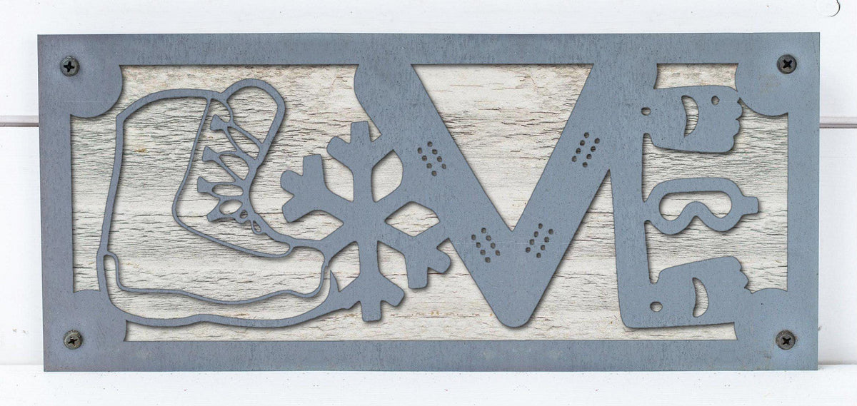 Snowboard LOVE Metal Sign on Reclaimed Wood, 12.5 Inch Snowboarder Gift, Ski Cabin Decor