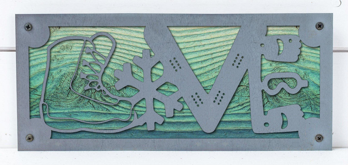 Snowboard LOVE Metal Sign on Reclaimed Wood, 12.5 Inch Snowboarder Gift, Ski Cabin Decor