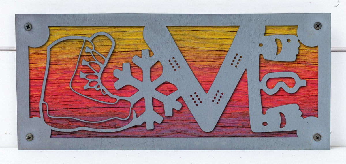 Snowboard LOVE Metal Sign on Reclaimed Wood, 12.5 Inch Snowboarder Gift, Ski Cabin Decor