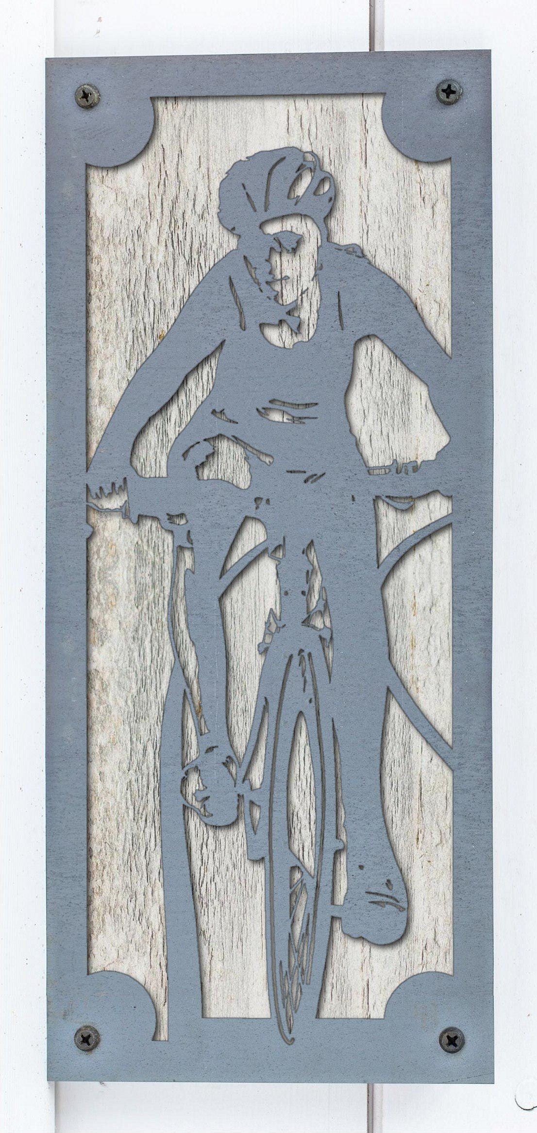 Mountain Biker Metal Wall Art on Reclaimed Wood, Tall 12.5 Inch MTB Sign