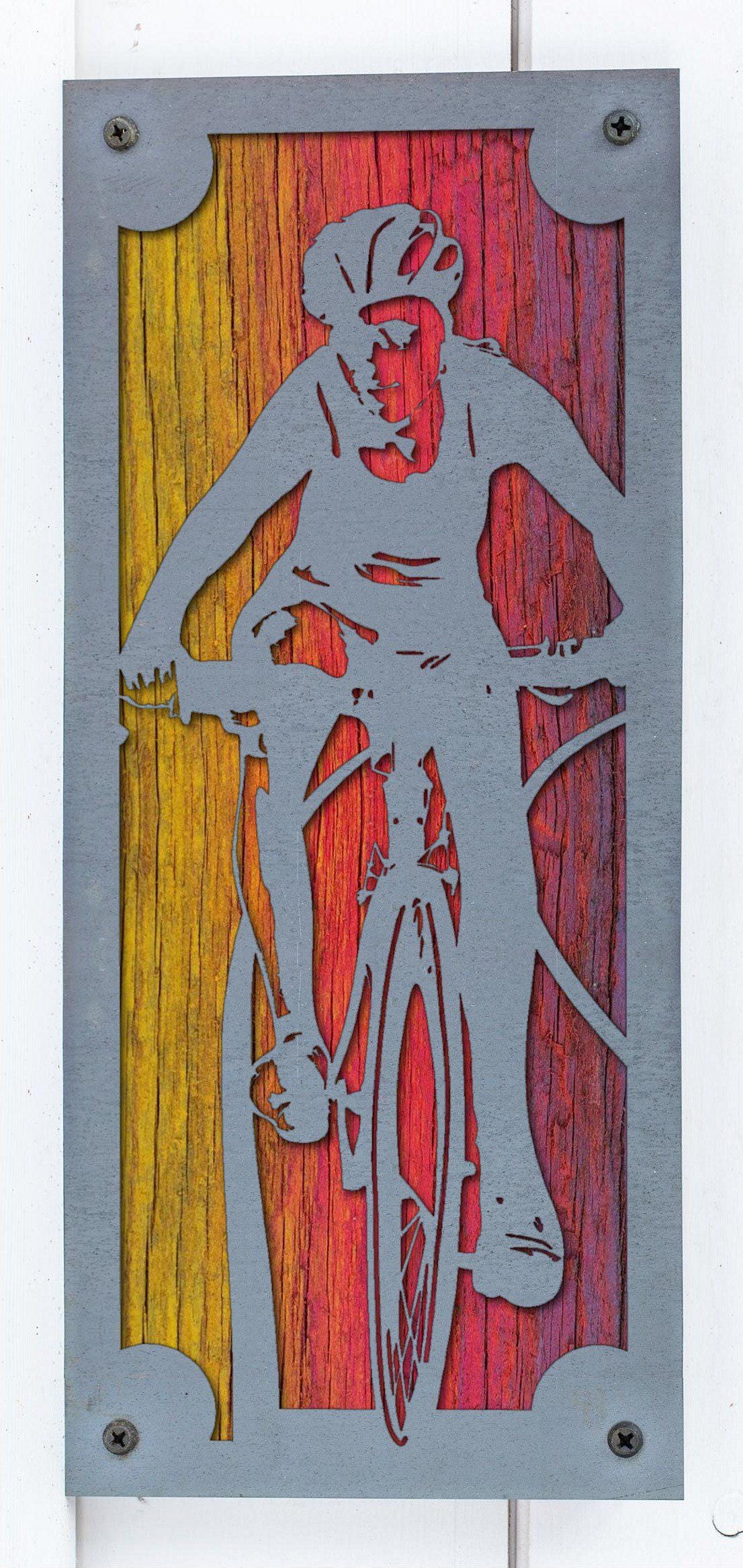 Mountain Biker Metal Wall Art on Reclaimed Wood, Tall 12.5 Inch MTB Sign