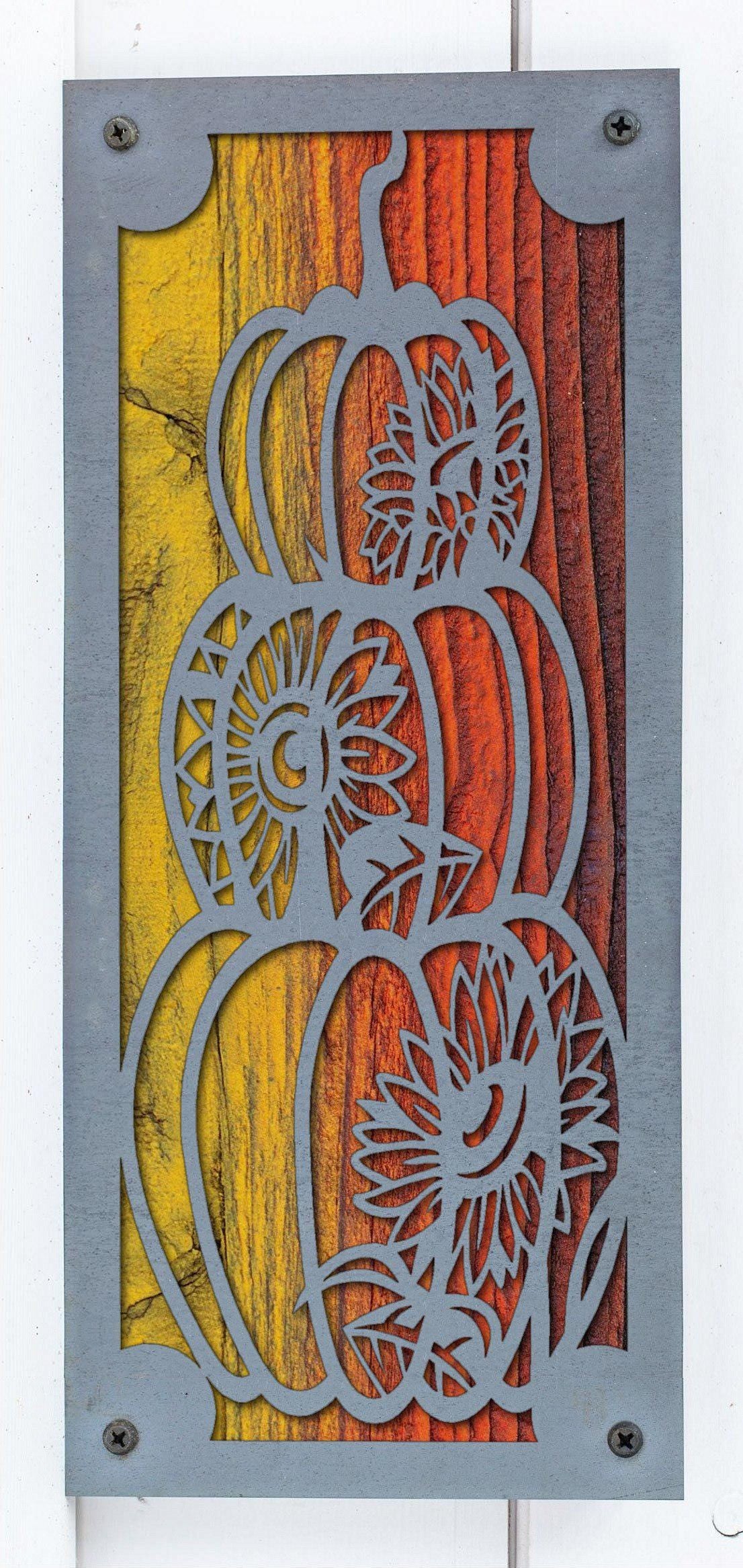 Pumpkin Stack Metal Wall Art on Reclaimed Wood, Tall 12.5 Inch Fall Decor