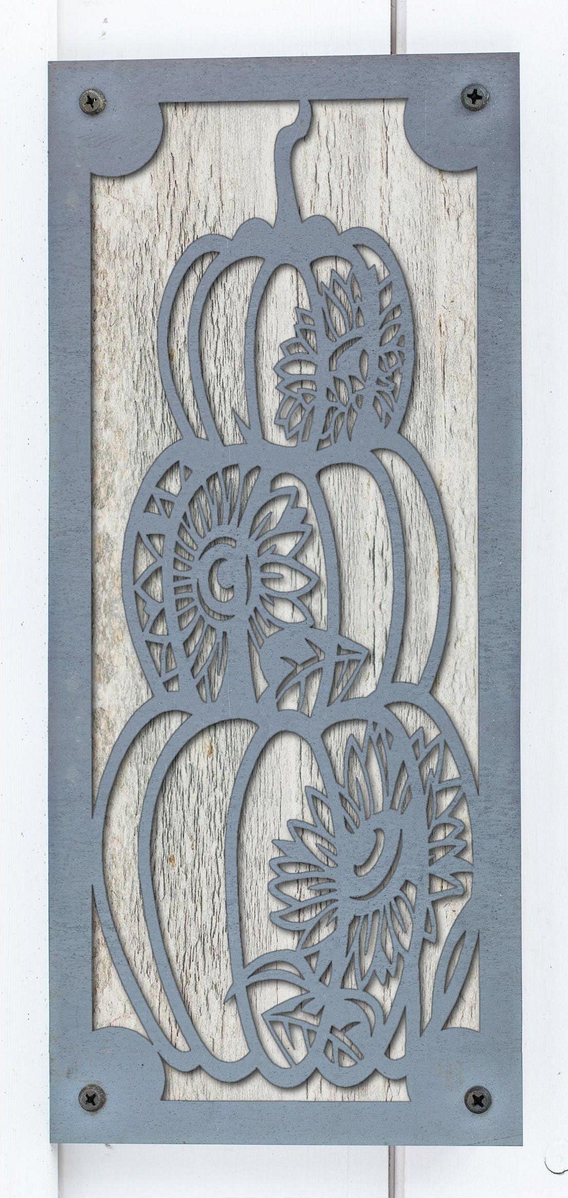 Pumpkin Stack Metal Wall Art on Reclaimed Wood, Tall 12.5 Inch Fall Decor