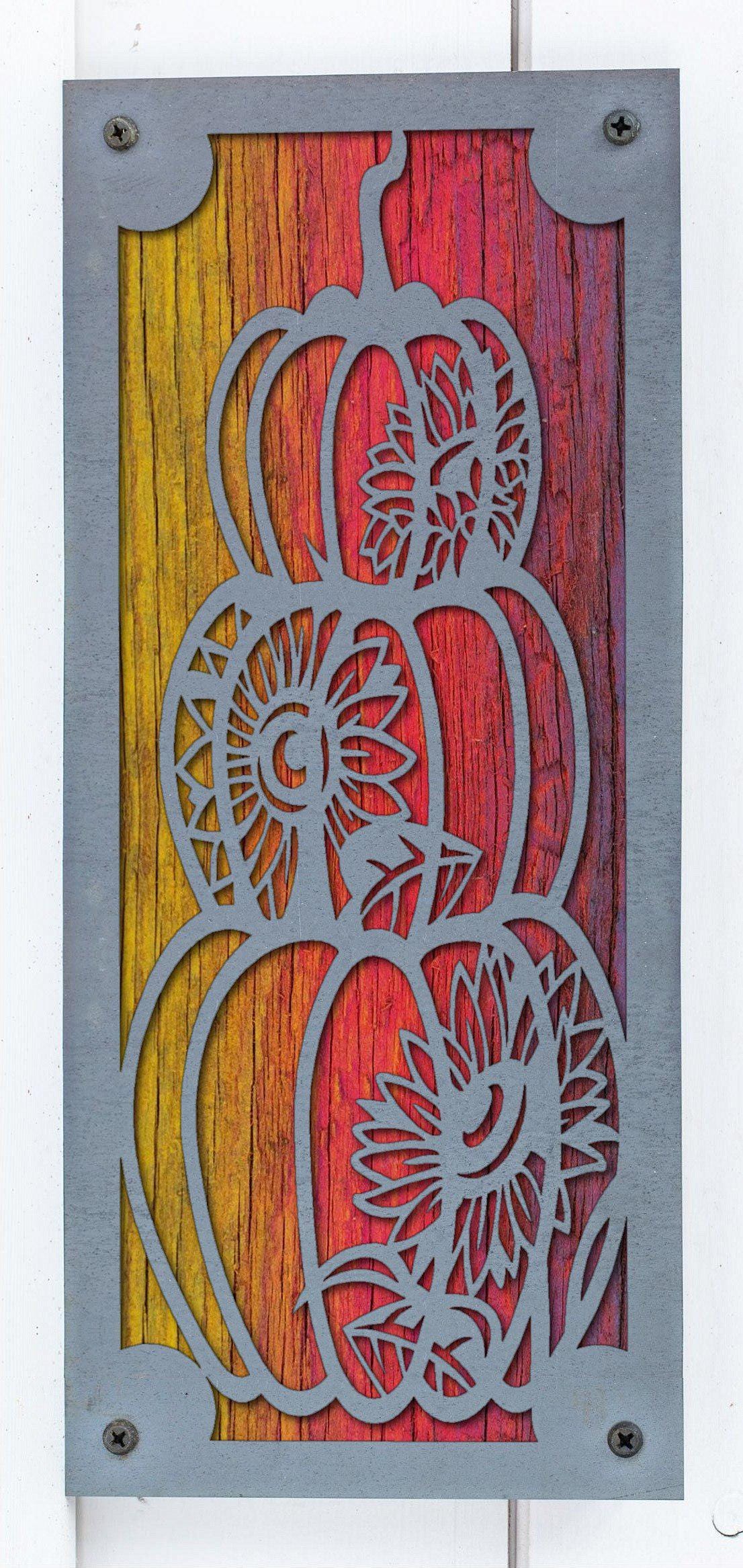 Pumpkin Stack Metal Wall Art on Reclaimed Wood, Tall 12.5 Inch Fall Decor