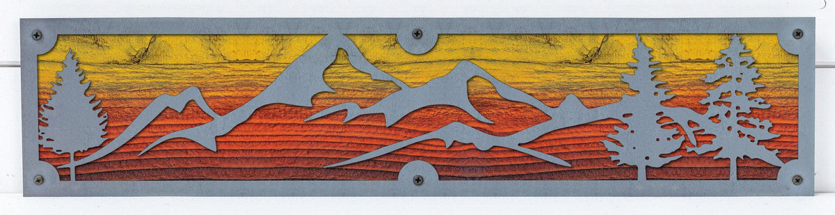 Mountains and Pines Metal Wall Art on Reclaimed Wood, 24 Inch Cabin Decor