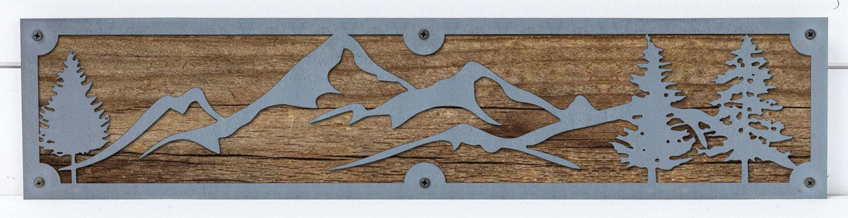Mountains and Pines Metal Wall Art on Reclaimed Wood, 24 Inch Cabin Decor