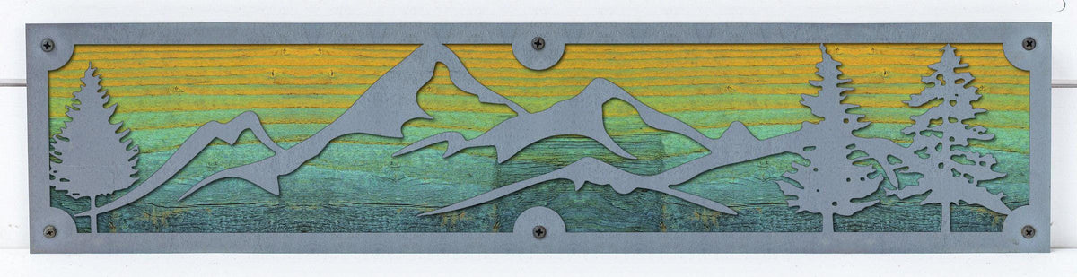 Mountains and Pines Metal Wall Art on Reclaimed Wood, 24 Inch Cabin Decor