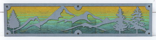 Mountains and Pines Metal Wall Art on Reclaimed Wood, 24 Inch Cabin Decor