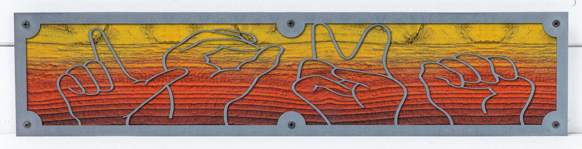 Sign Language Hands Metal Wall Art on Reclaimed Wood, 24 Inch ASL Sign