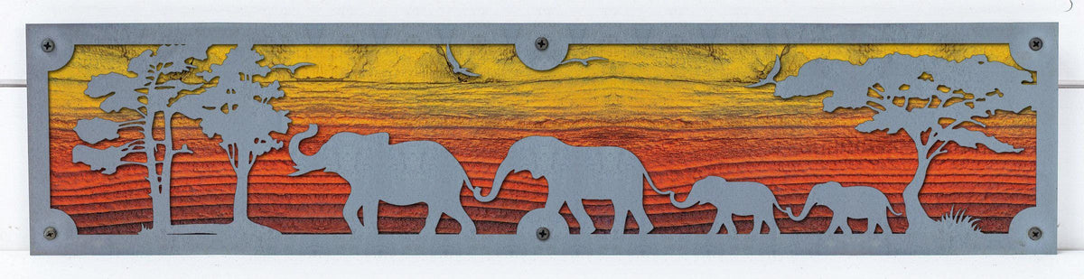 Elephant Family Metal Wall Art on Reclaimed Wood, 24 Inch Safari Decor
