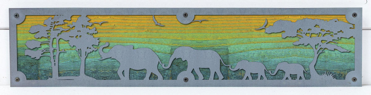 Elephant Family Metal Wall Art on Reclaimed Wood, 24 Inch Safari Decor