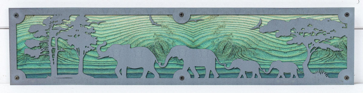 Elephant Family Metal Wall Art on Reclaimed Wood, 24 Inch Safari Decor