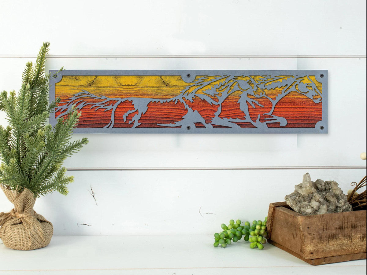 Running Horses Metal Wall Art on Reclaimed Wood, 24 Inch Western Decor