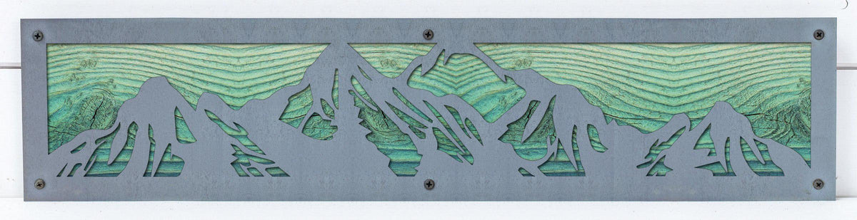 Mountain Range Metal Wall Art on Reclaimed Wood, 24 Inch Rustic Cabin Decor