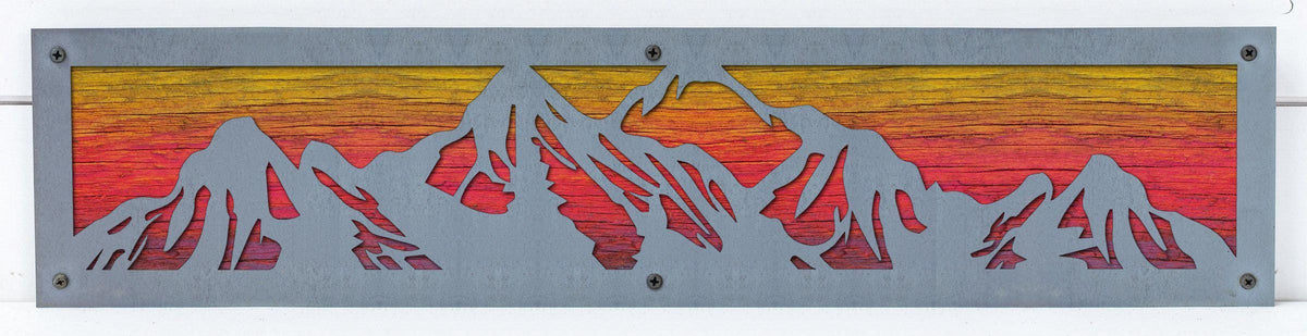 Mountain Range Metal Wall Art on Reclaimed Wood, 24 Inch Rustic Cabin Decor