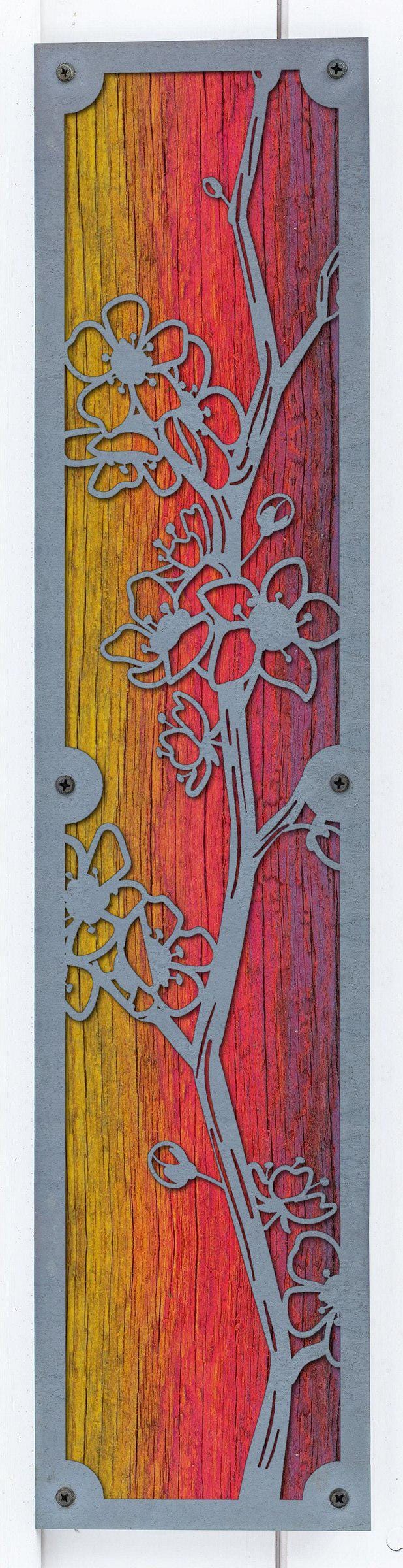 Cherry Blossom Metal Wall Art on Reclaimed Wood, Tall 24 Inch Floral Decor