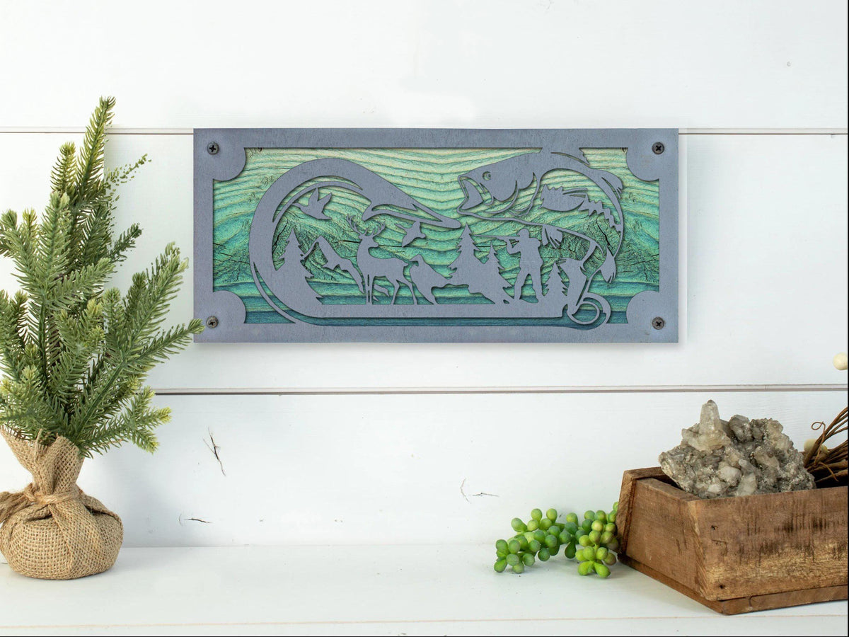 Leaping Bass Metal Wall Art on Reclaimed Wood, 12.5 Inch Fishing Cabin Decor