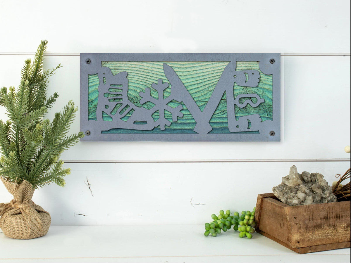 Ski LOVE Metal Sign on Reclaimed Wood, 12.5 Inch Ski Cabin Decor, Skier Gift