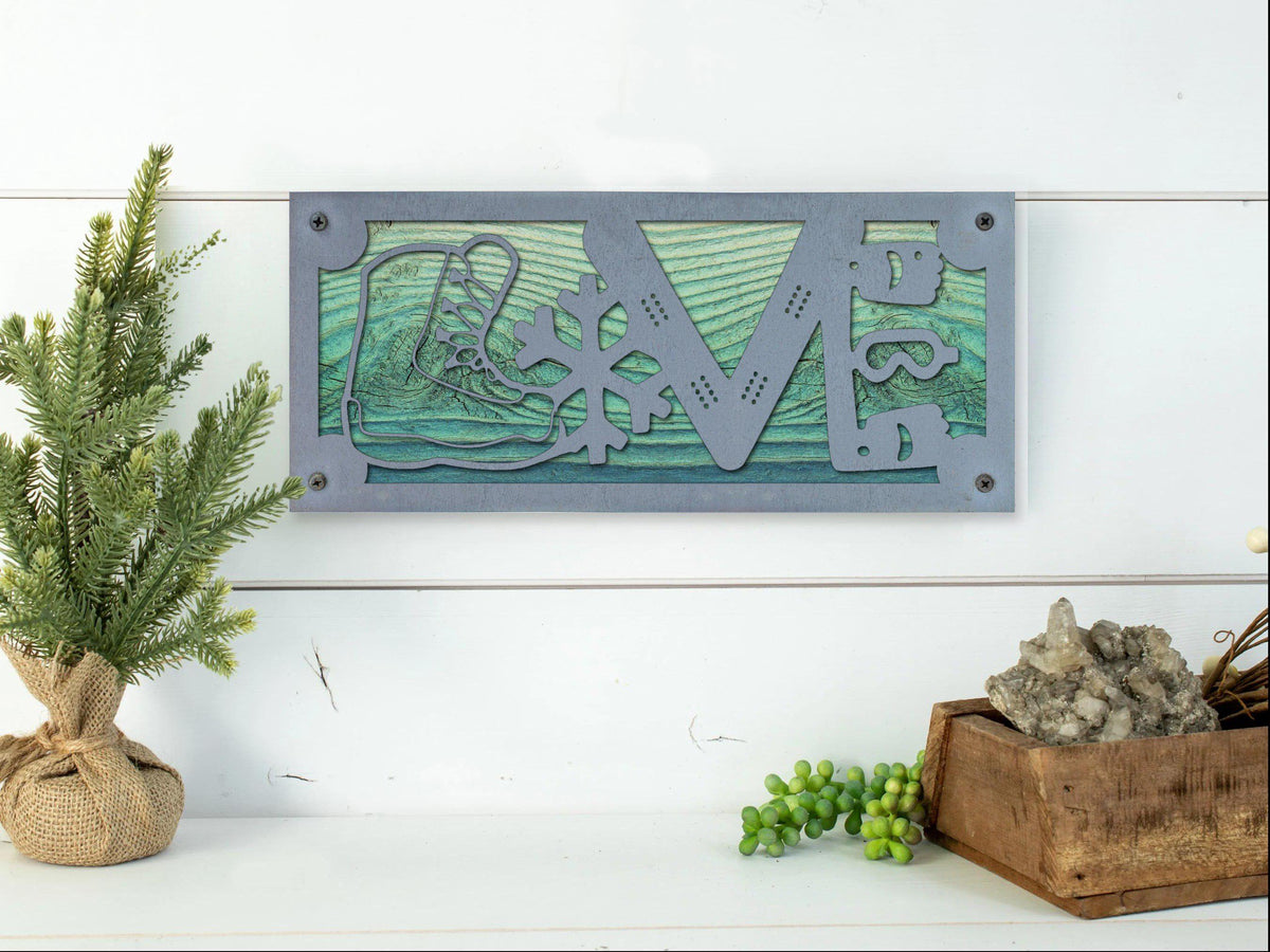 Snowboard LOVE Metal Sign on Reclaimed Wood, 12.5 Inch Snowboarder Gift, Ski Cabin Decor