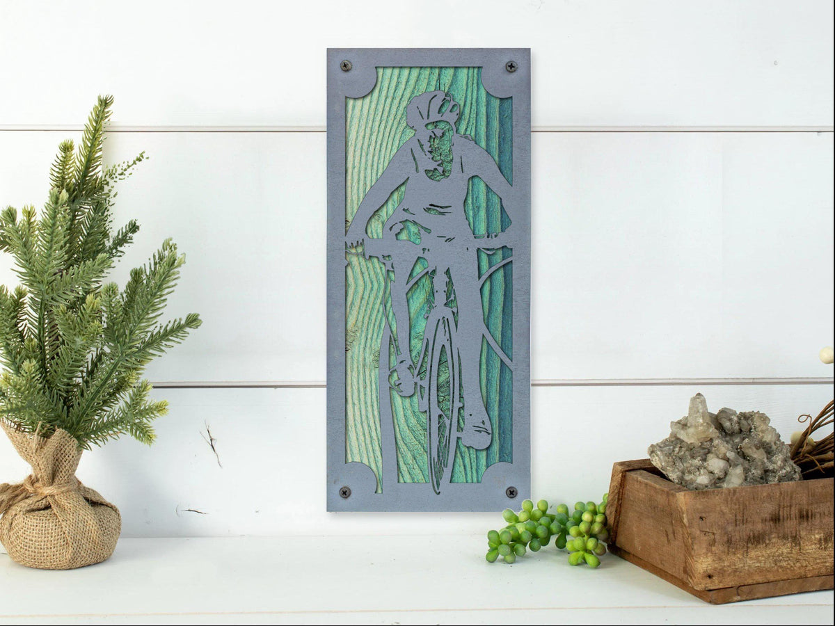 Mountain Biker Metal Wall Art on Reclaimed Wood, Tall 12.5 Inch MTB Sign