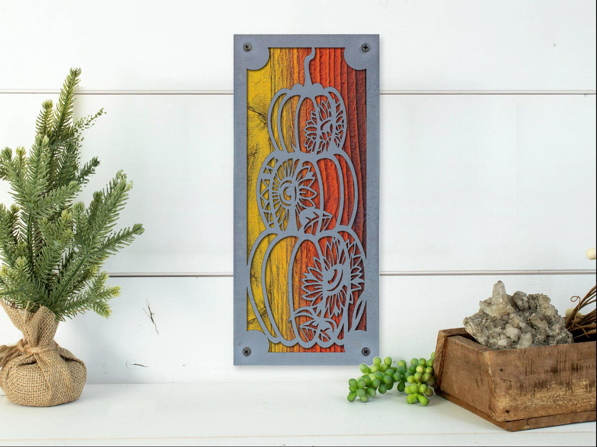 Pumpkin Stack Metal Wall Art on Reclaimed Wood, Tall 12.5 Inch Fall Decor