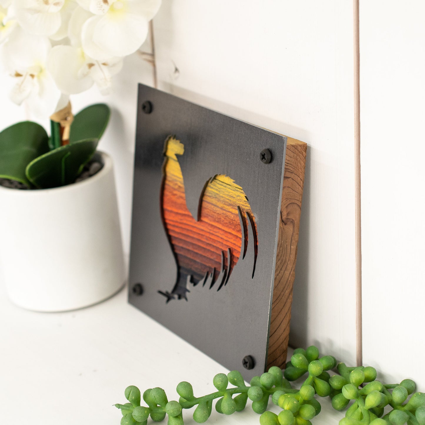 Rooster Farmhouse Wood and Metal Home Decor, Reclaimed Wood Art