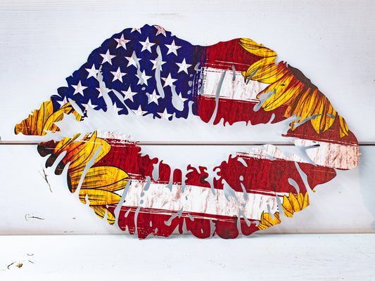 Sunflower and American Flag Metal Kiss Lips Wall Decor, Kiss Print, Patriotic